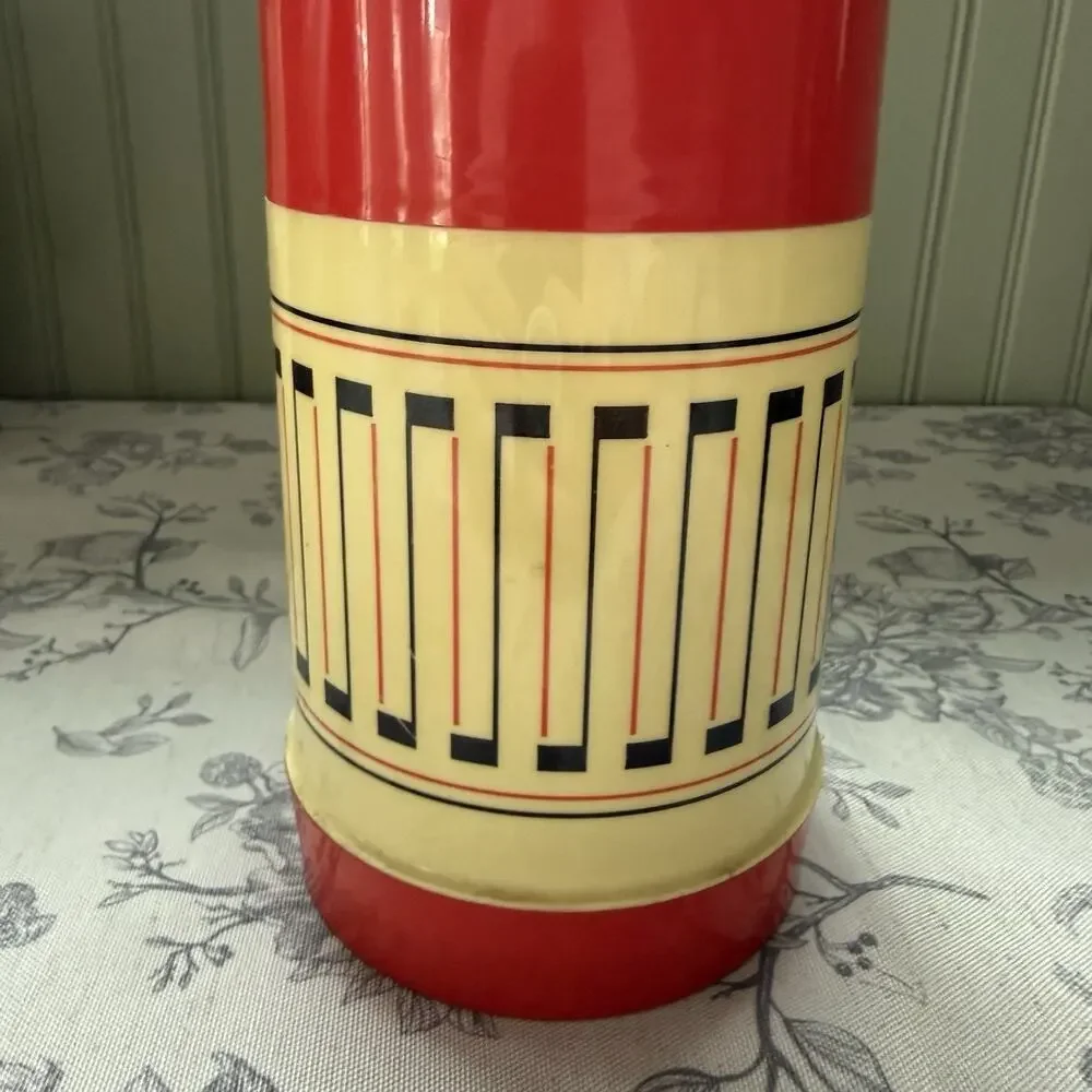 Vtg 70s Aladdin Red Wide Mouth Pint 16 Oz Thermos MCM Retro Geometric Stopper